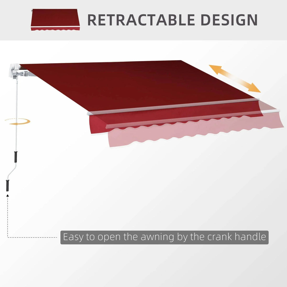 Retractable red awning canopy with crank mechanism and smooth open/close motion