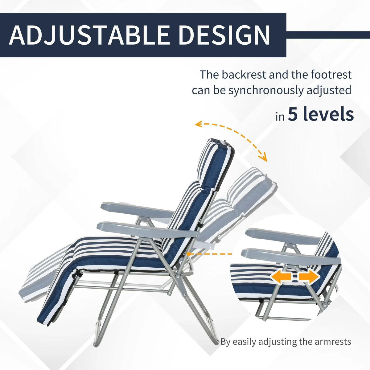 Adjustable outdoor lounge chair with 5-position recline, striped navy and white fabric, perfect for garden or patio relaxation.