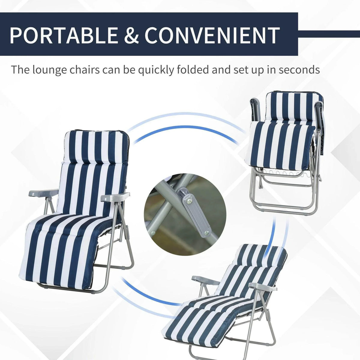 Portable navy and white striped lounge chair, folds quickly for easy setup and storage, ideal for garden or patio use.