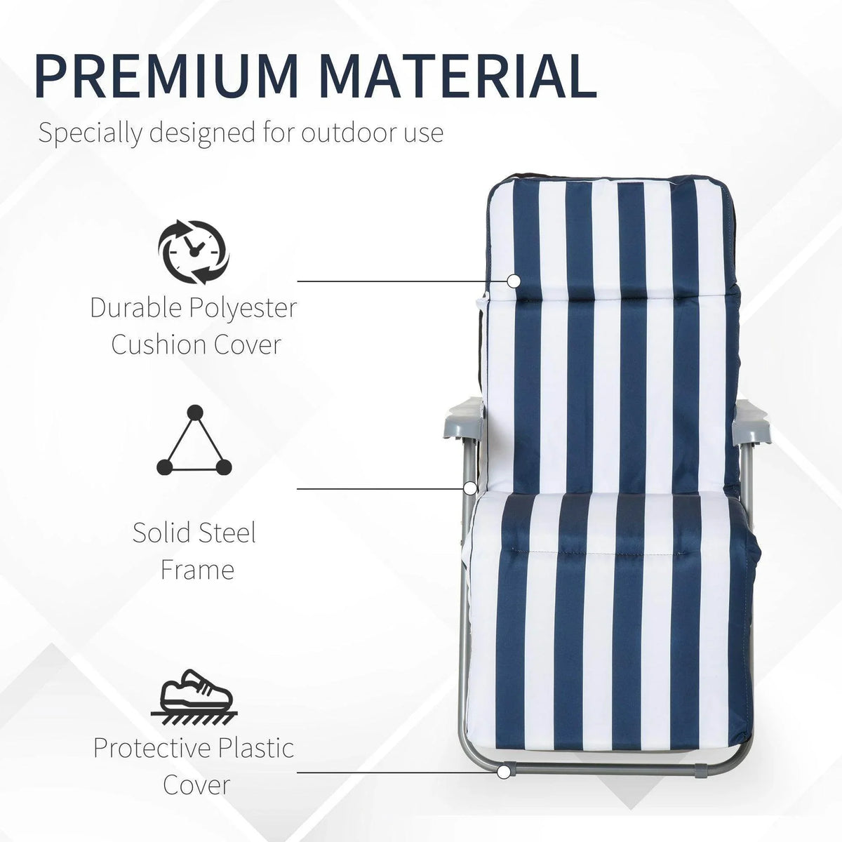 Outdoor sun recliner chair with navy-and-white striped cushion and steel frame