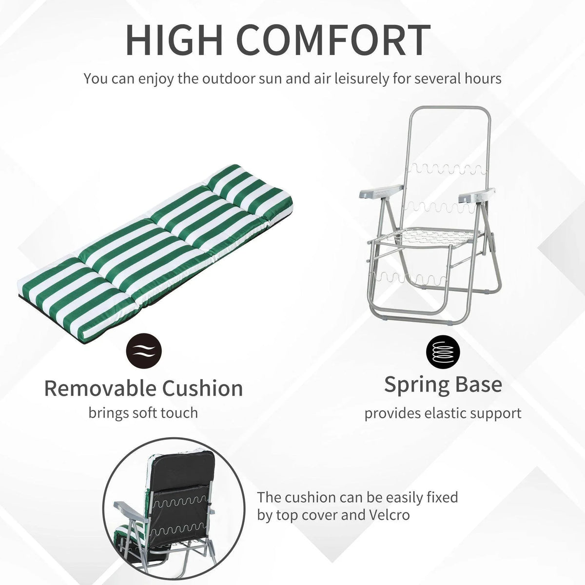 Green and white striped outdoor lounge chair with removable cushion and spring base for high comfort