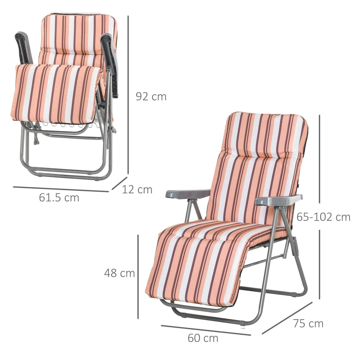 Striped outdoor recliner chair with adjustable back, dimensions shown, perfect for garden or patio relaxation