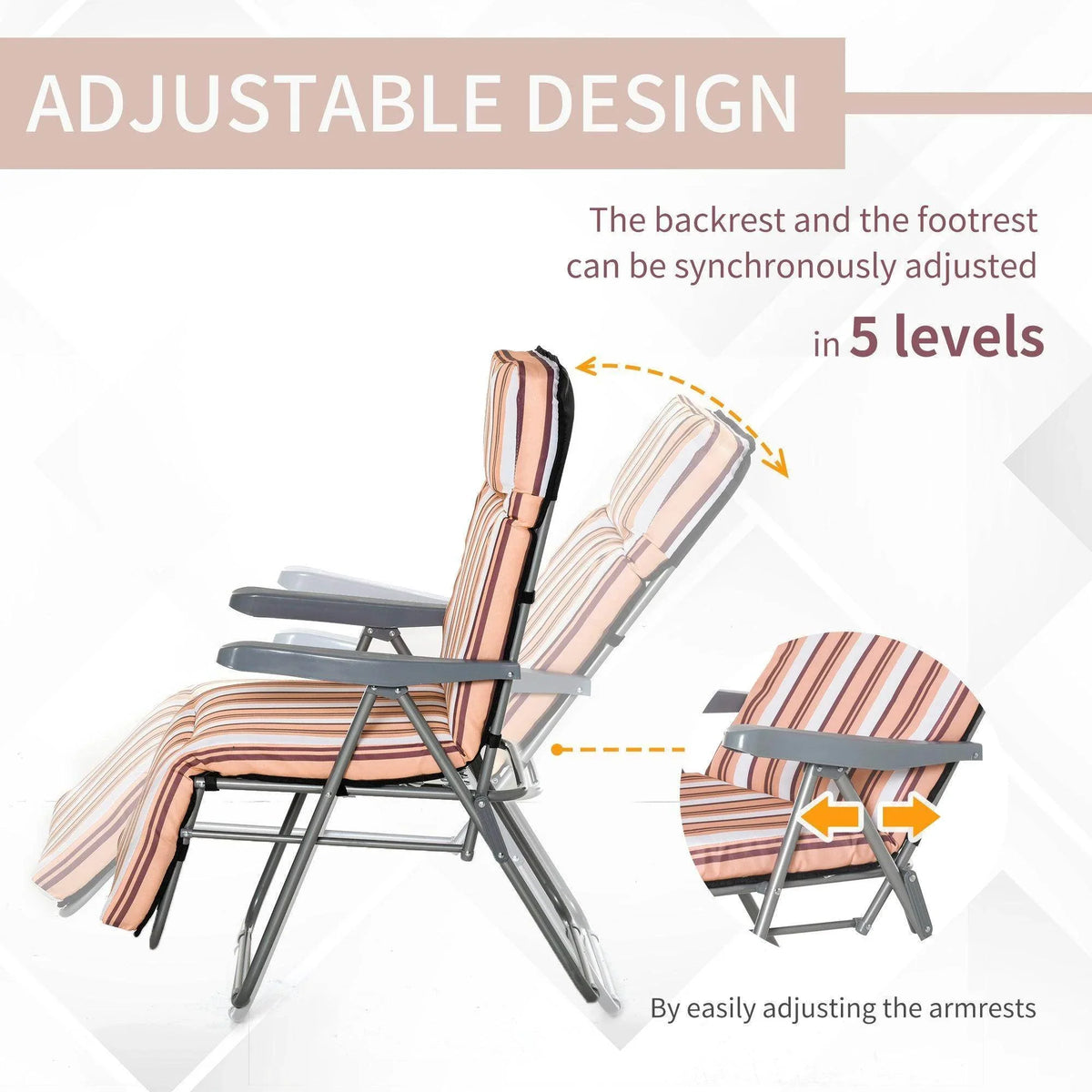 Adjustable outdoor lounge chair with striped cushion, 5-position recline, and armrest adjustment for comfort.