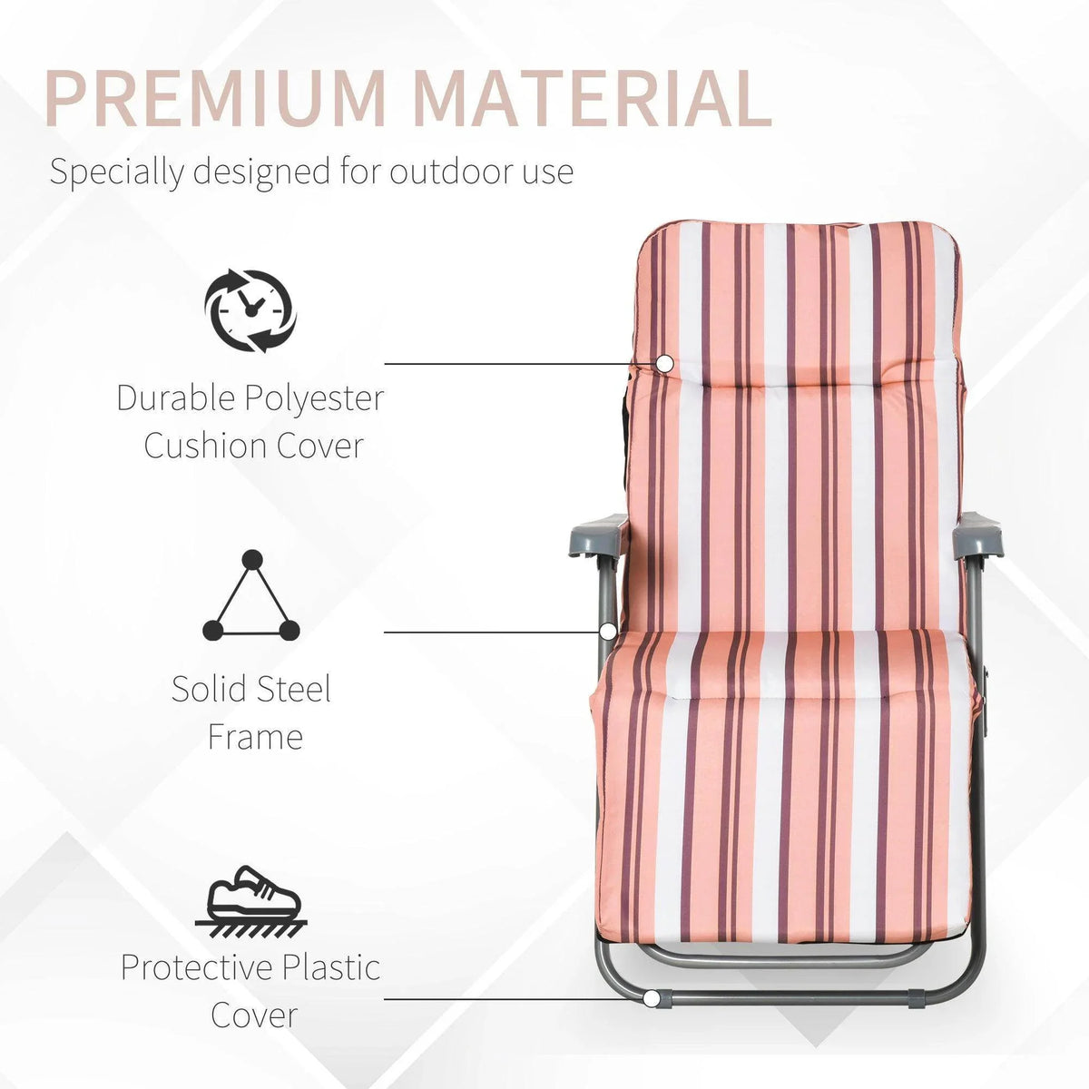 Striped outdoor recliner chair with durable polyester cushion and solid steel frame for garden use