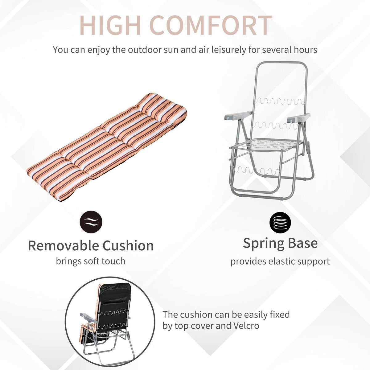 Comfortable outdoor lounge chair with removable striped cushion and spring base for elastic support