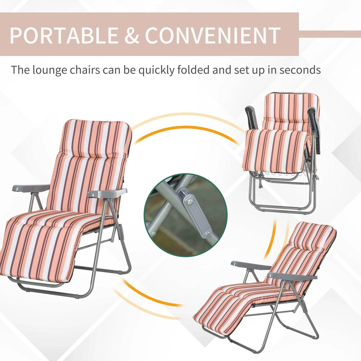 Striped portable lounge chair, folds quickly for outdoor or garden use, convenient setup