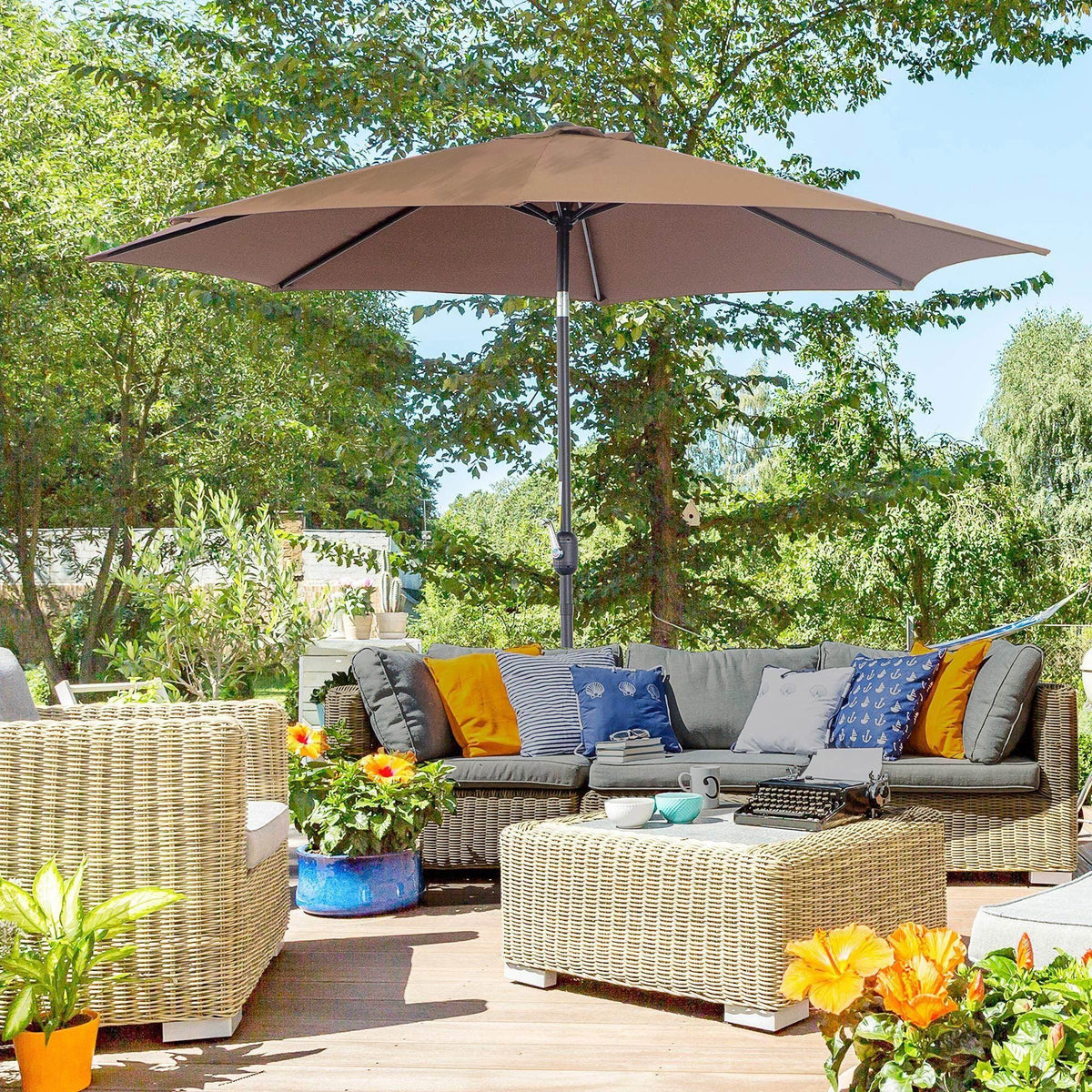 Patio sun umbrella with coffee-brown canopy and central metal pole
