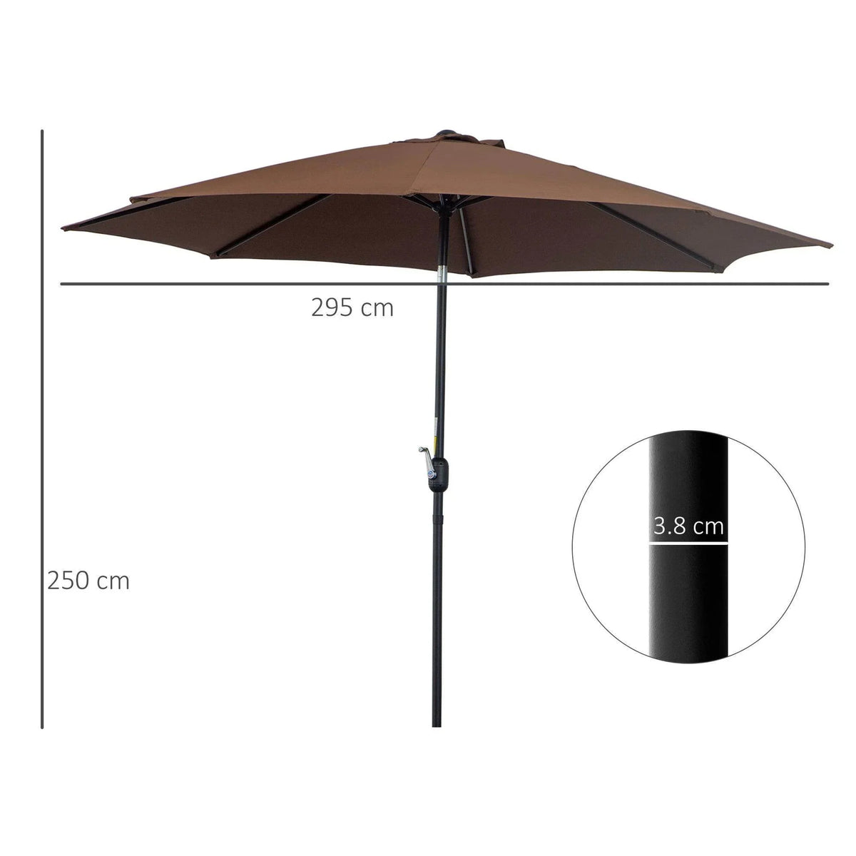 Coffee-brown patio sun umbrella canopy with slender vertical support pole