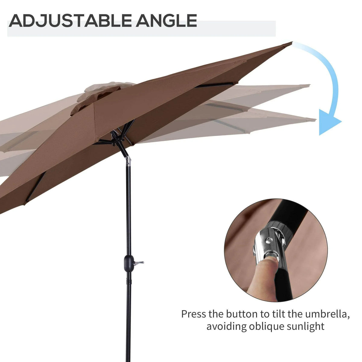Adjustable patio sun umbrella with tilted coffee-brown canopy