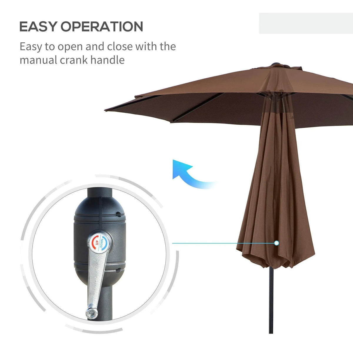 Patio sun umbrella with manual crank handle and hanging cover fabric