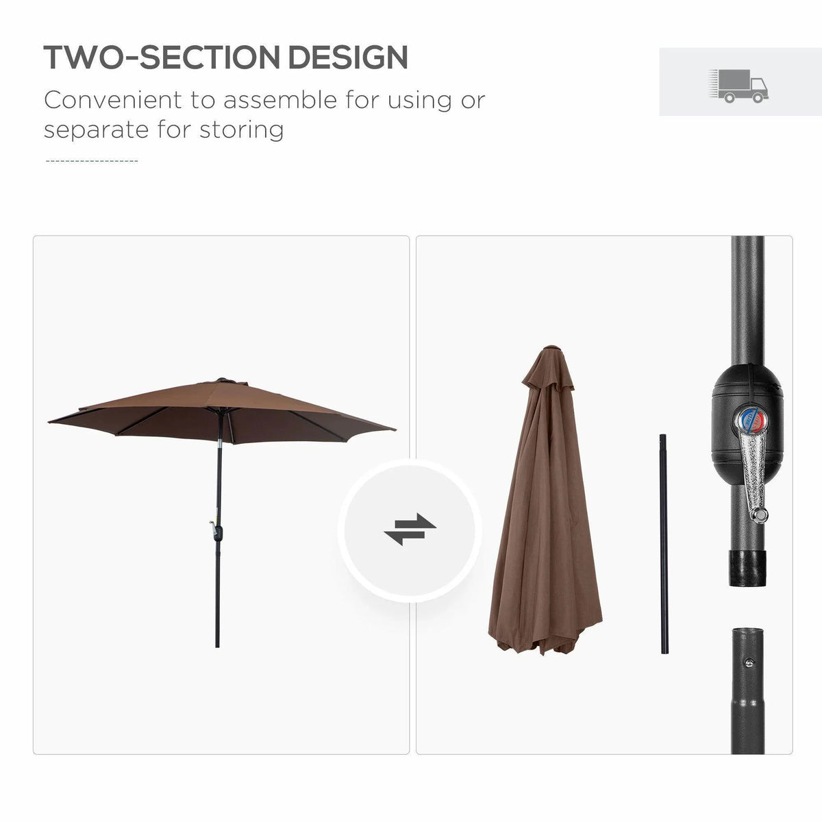 Coffee-brown patio sun umbrella with two-section frame for storage