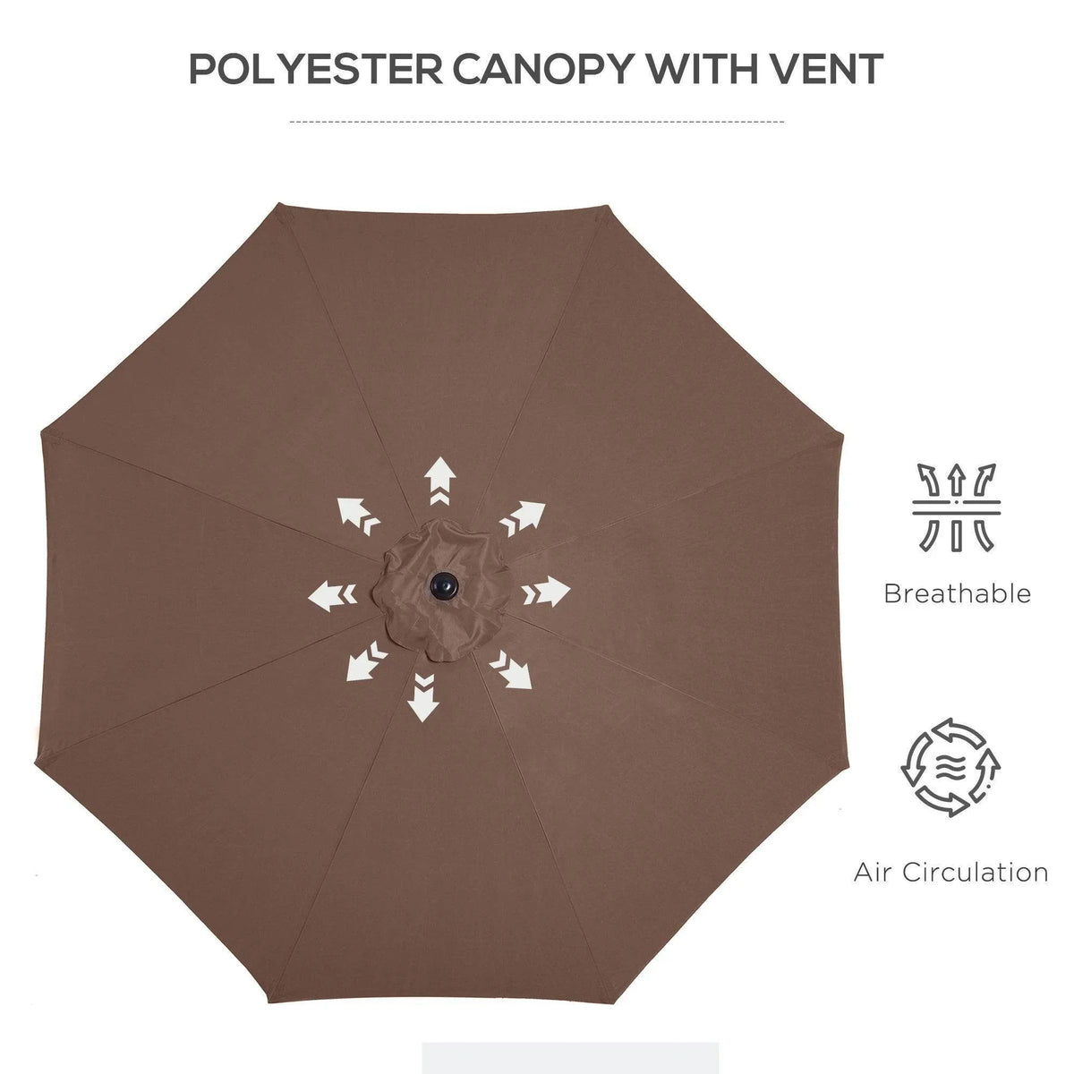 Coffee-brown polyester umbrella canopy with vented center for airflow