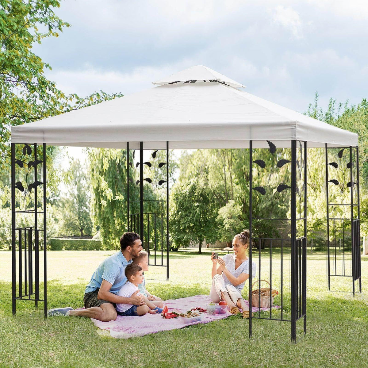 Cream steel gazebo with vented double roof, open sides and black metal frame