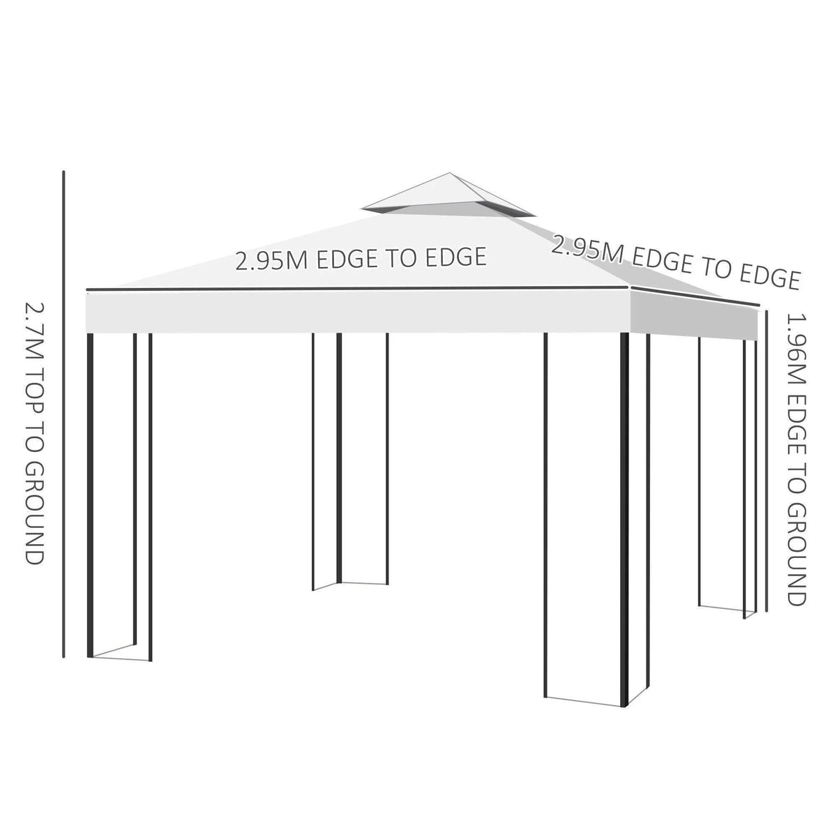 Cream vented double-roof gazebo roof panel dimensions, edge to edge measurements