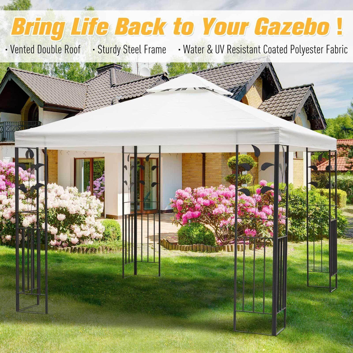 Cream steel gazebo with vented double canopy roof and black railing-style posts