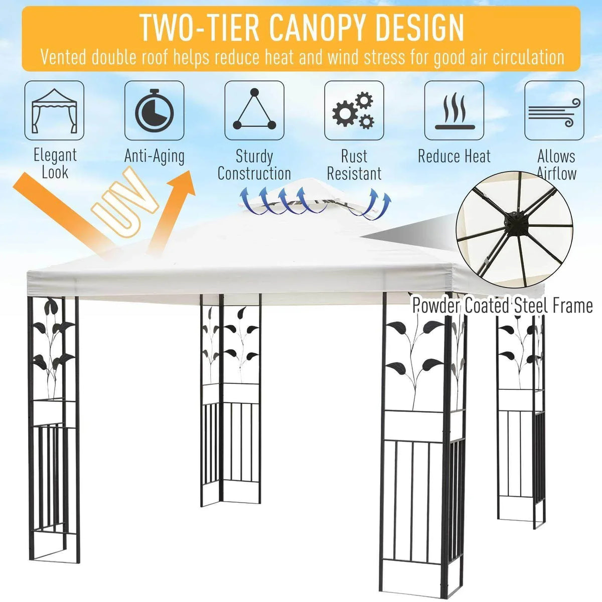 Cream two-tier gazebo canopy with vented double roof on powder-coated steel frame