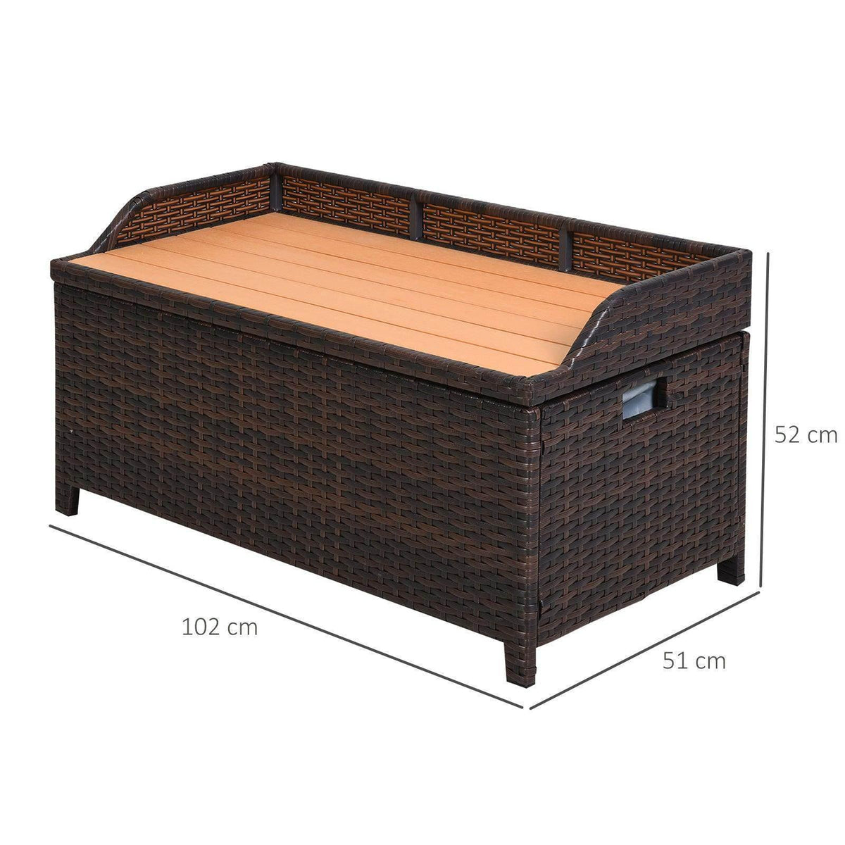 Brown wicker storage bench with lifting lid, rectangular seat base and legs