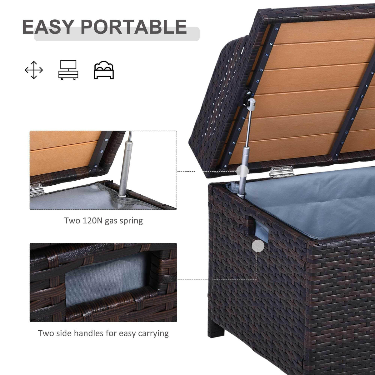 Brown wicker storage bench with gray cushion, open lid with support rod and handles