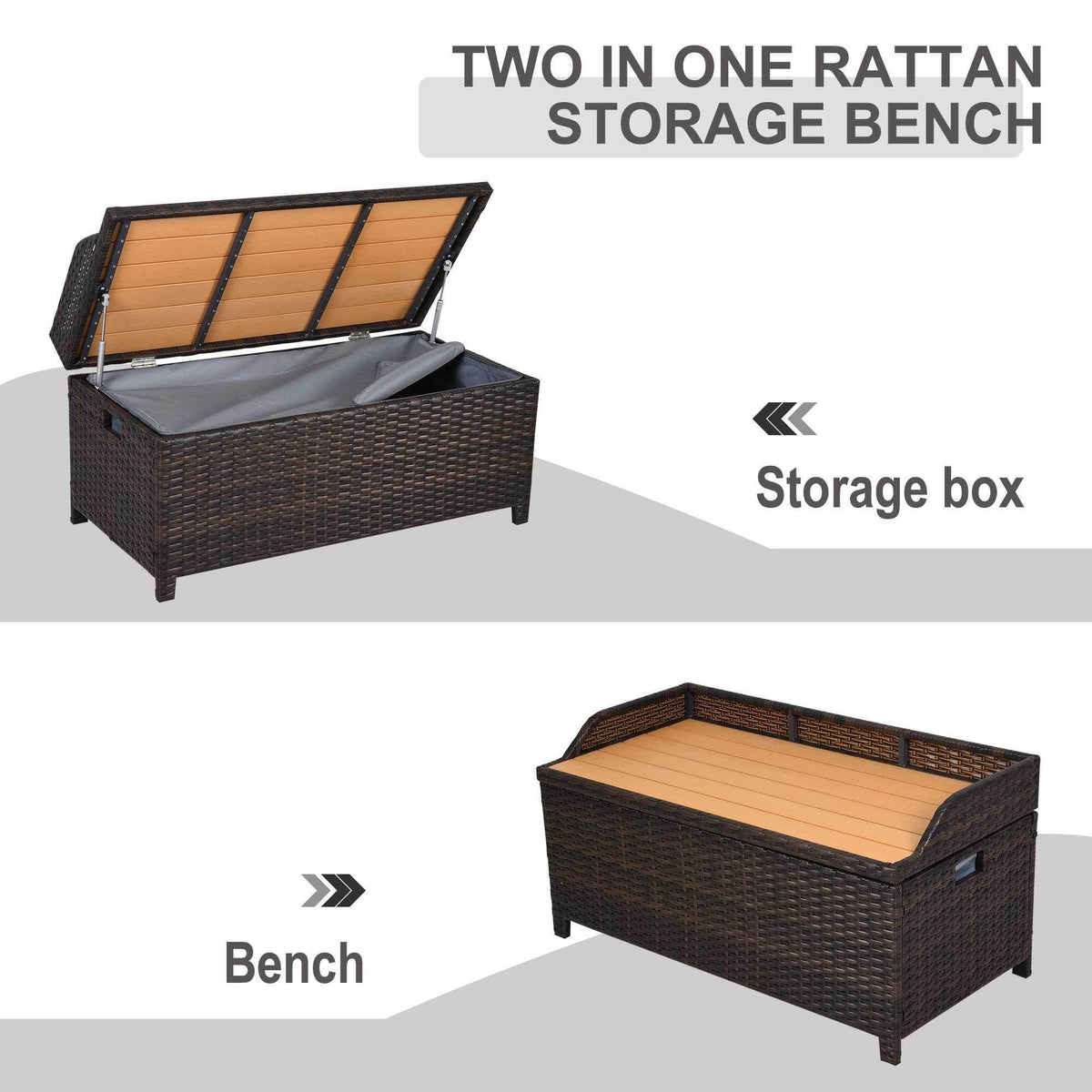 Brown rattan storage bench with gray cushion and hinged lid, shows bench and box