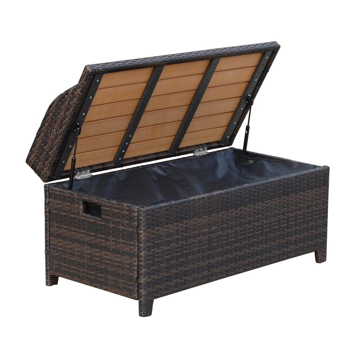 Brown wicker storage bench with navy cushion, open lid and visible hinge supports