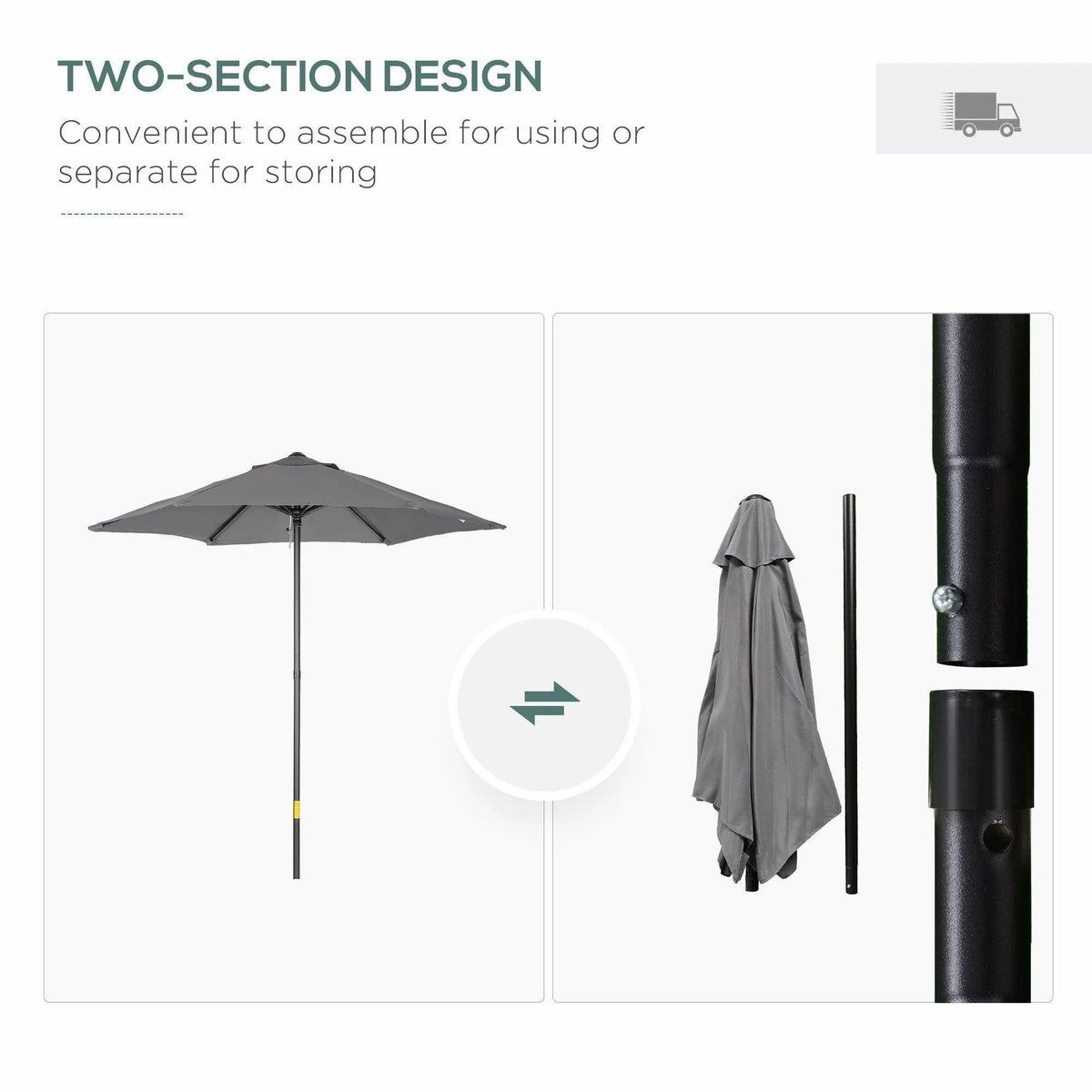 Gray patio umbrella showing open canopy and close-up of segmented support pole