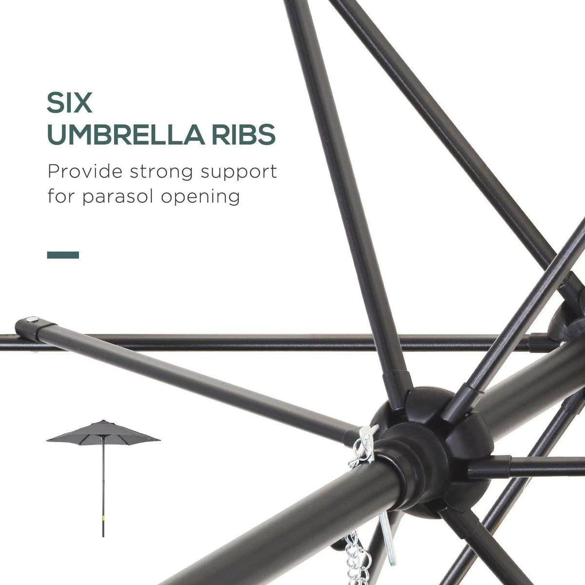 Gray patio umbrella with exposed umbrella ribs for strong sun shade support
