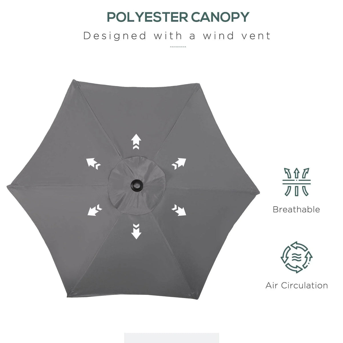Gray polyester patio umbrella canopy with vented, breathable air-circulation design