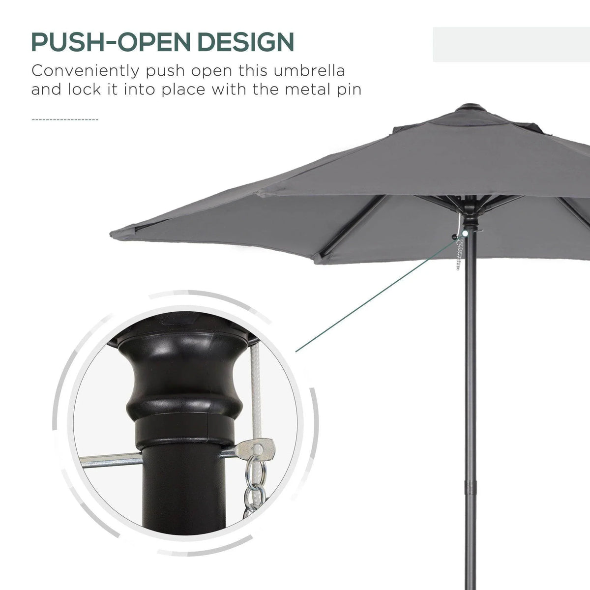 Gray patio umbrella with push-open mechanism and metal locking pin detail