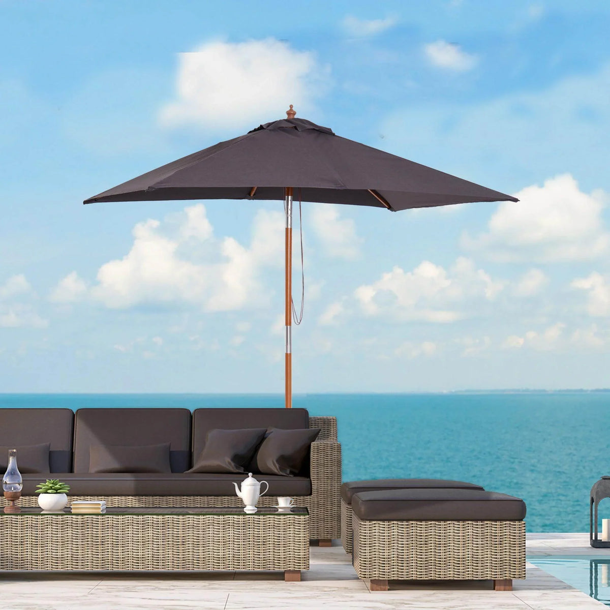 Deep grey tilt patio parasol with bamboo-style wooden pole and square canopy