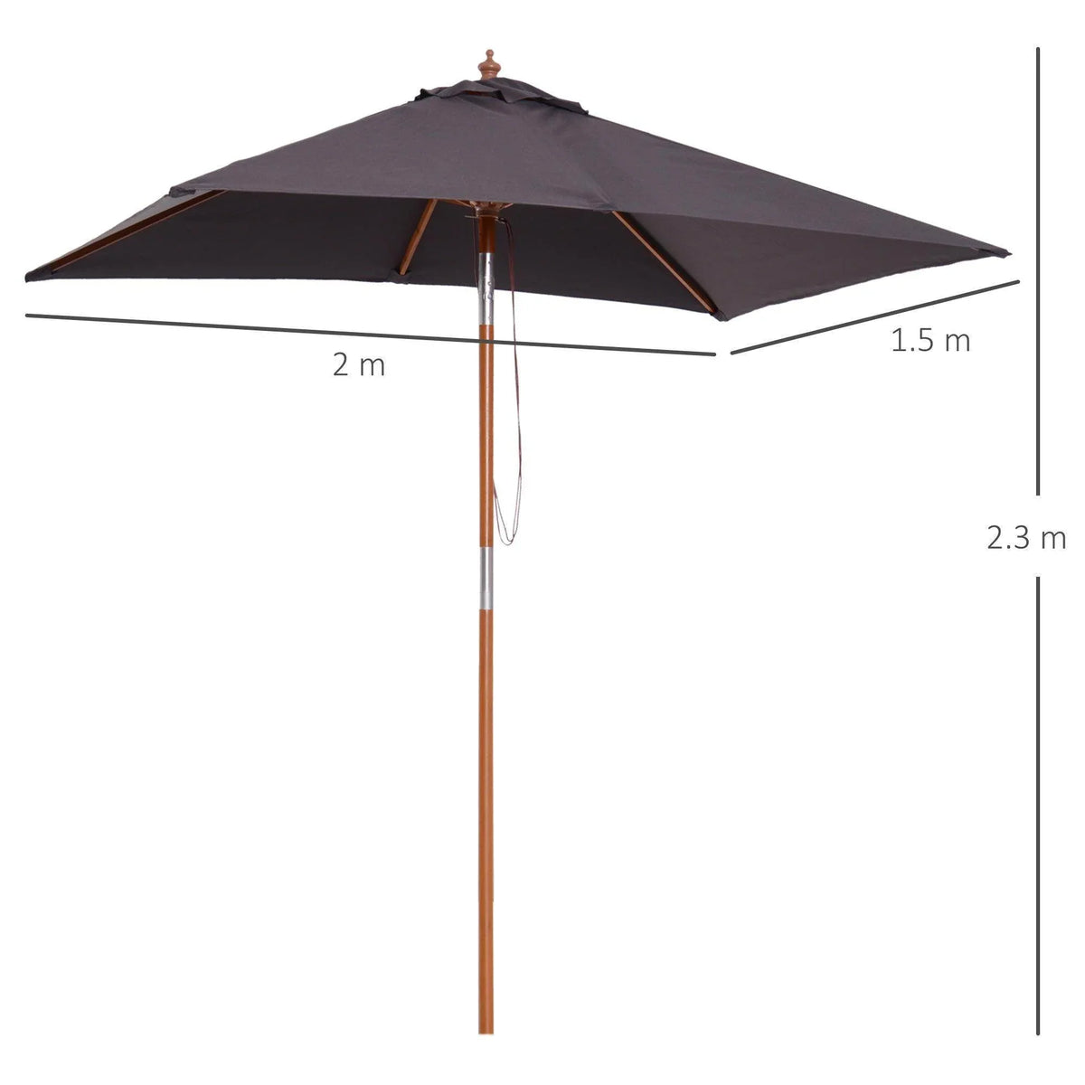 Deep grey tilt patio parasol with wooden pole and open square canopy