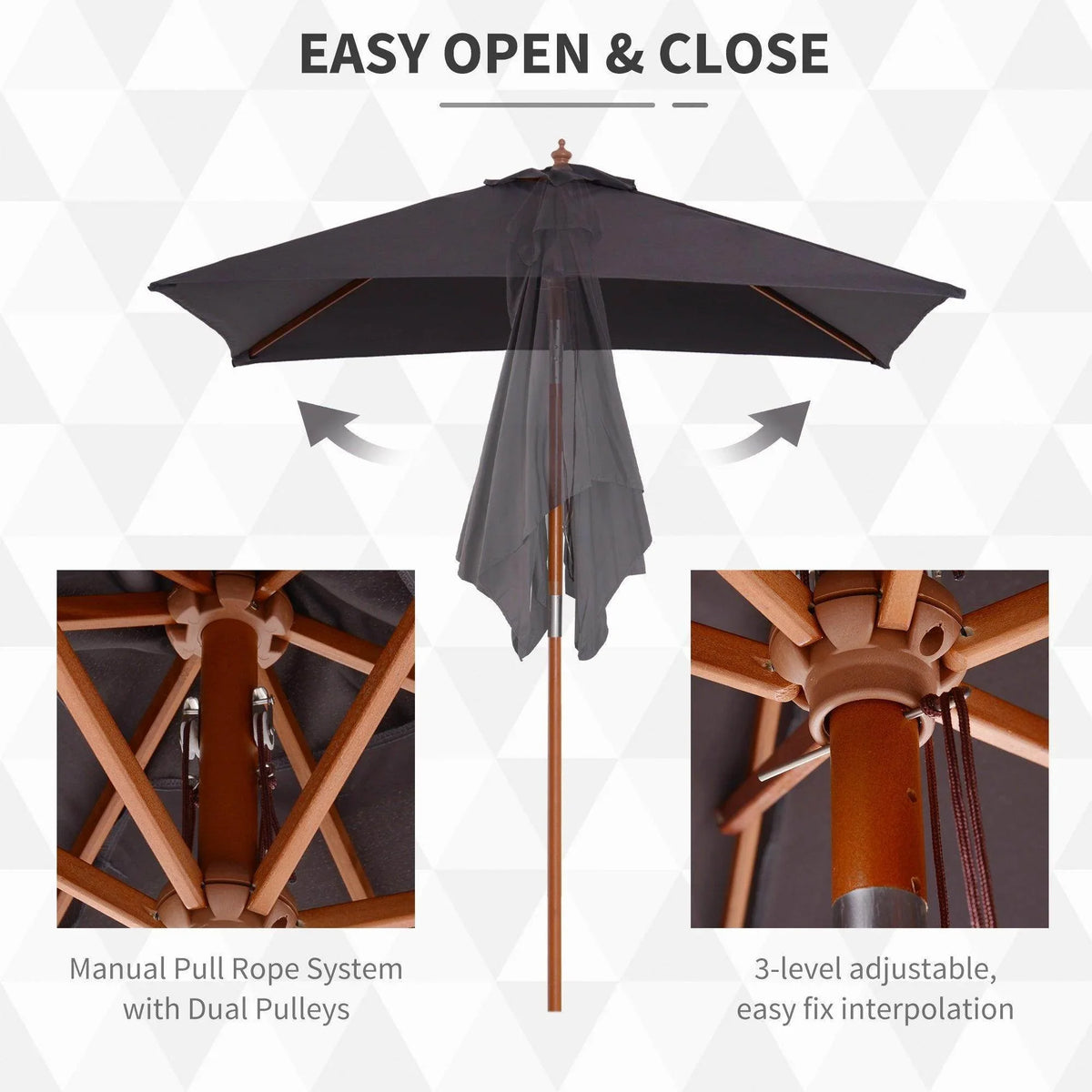 Deep grey patio parasol with hanging pull rope system and open canopy