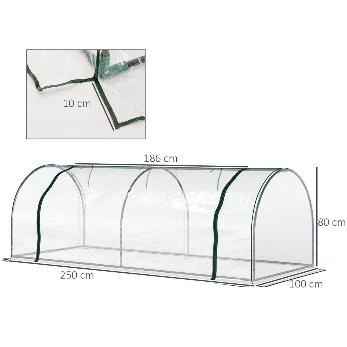 Transparent tunnel greenhouse, clear PVC cover with green frame, 250x100x80cm
