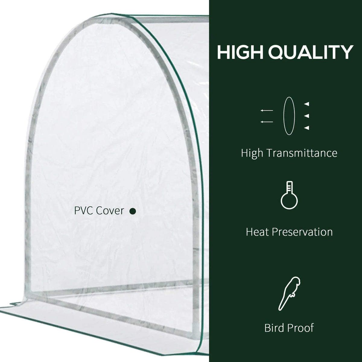 PVC tunnel greenhouse cover over arched green steel frame, clear white plastic