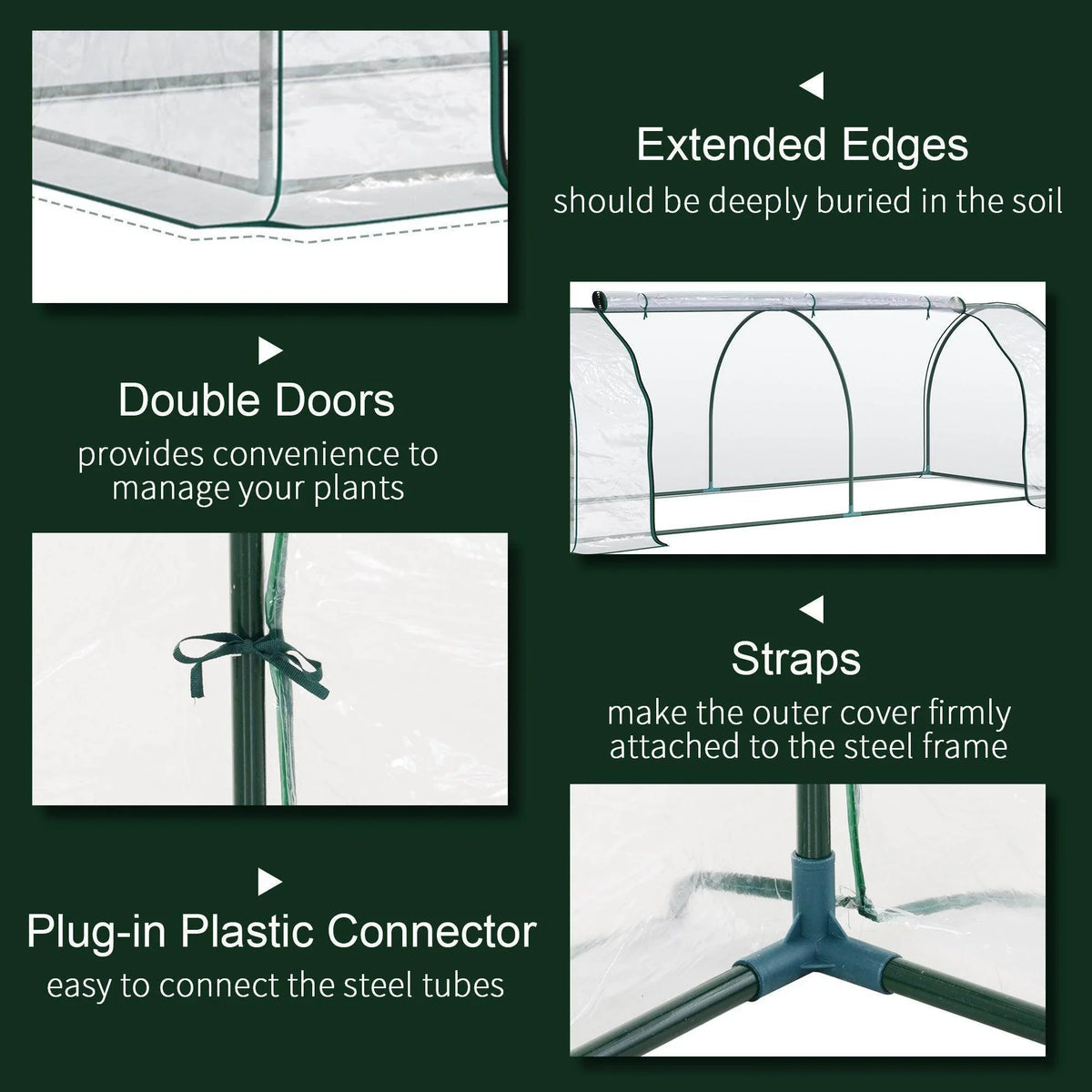 Transparent greenhouse with double doors and tie straps on green frame