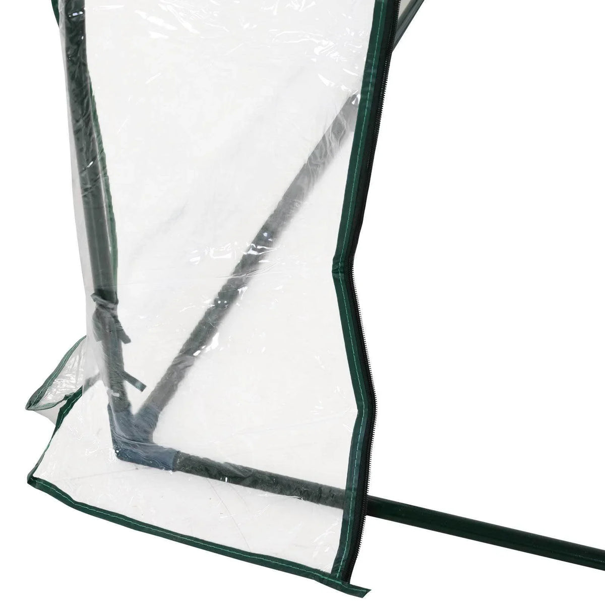 Clear plastic greenhouse cover secured to green steel frame at corner