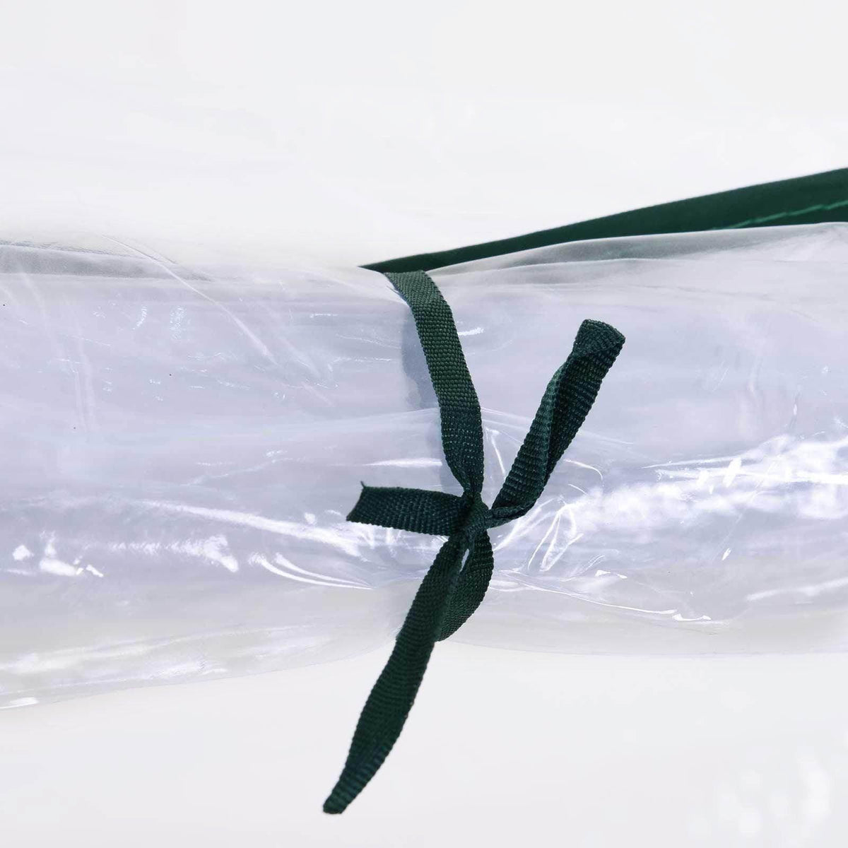 Clear tunnel greenhouse cover seam with green straps tied along the edge