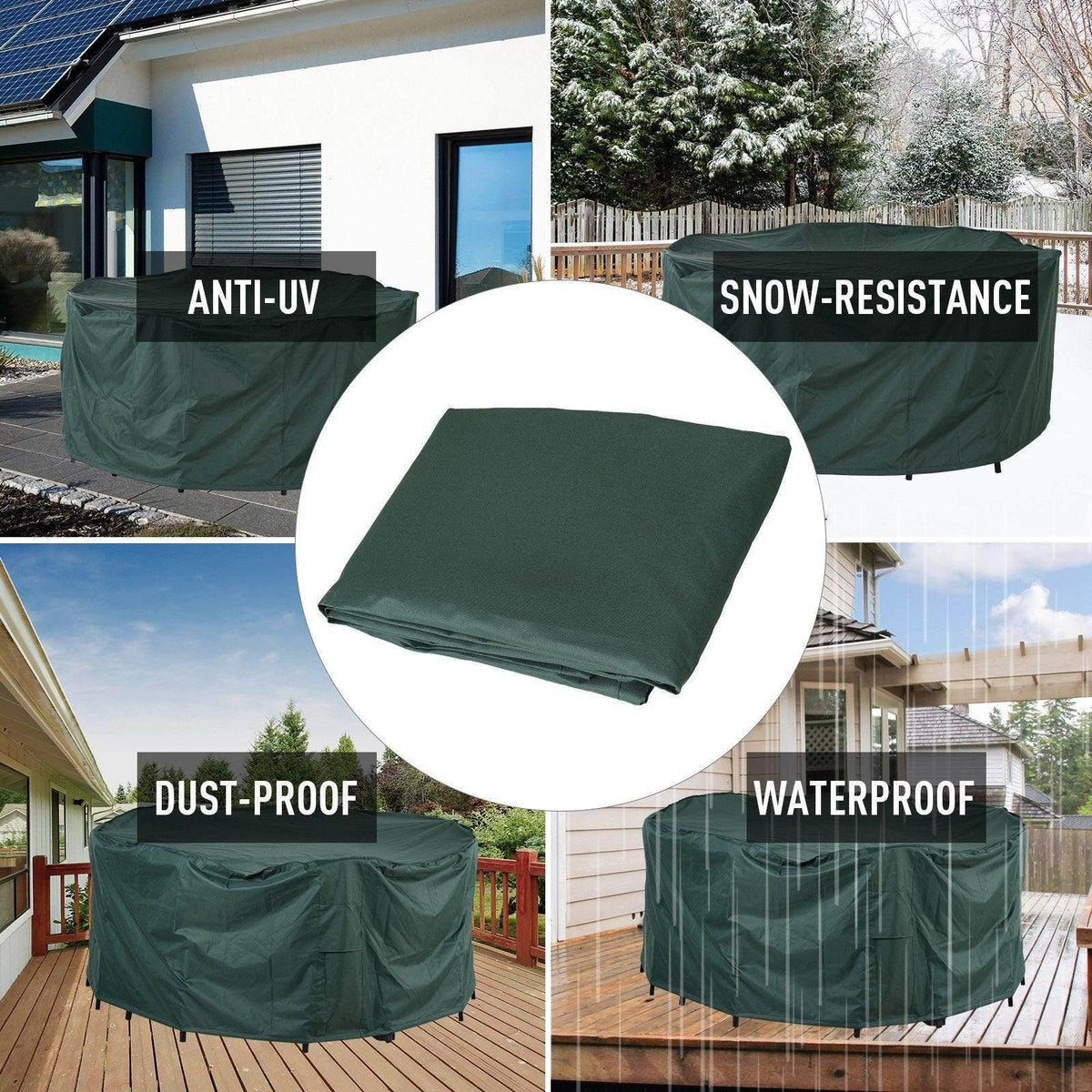 Dark green waterproof round patio cover with protective fabric panel and side drape