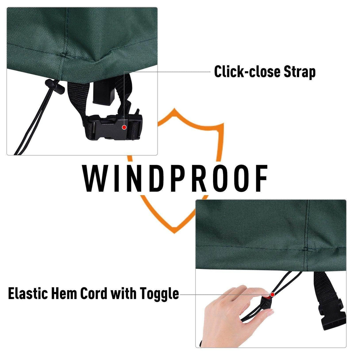 Windproof patio cover with click-close strap and elastic hem cord with toggle