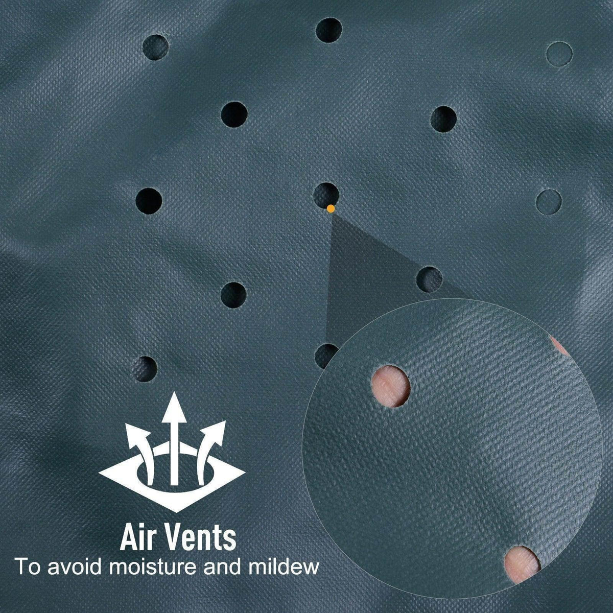 Dark green patio cover fabric with air vents to help reduce moisture buildup