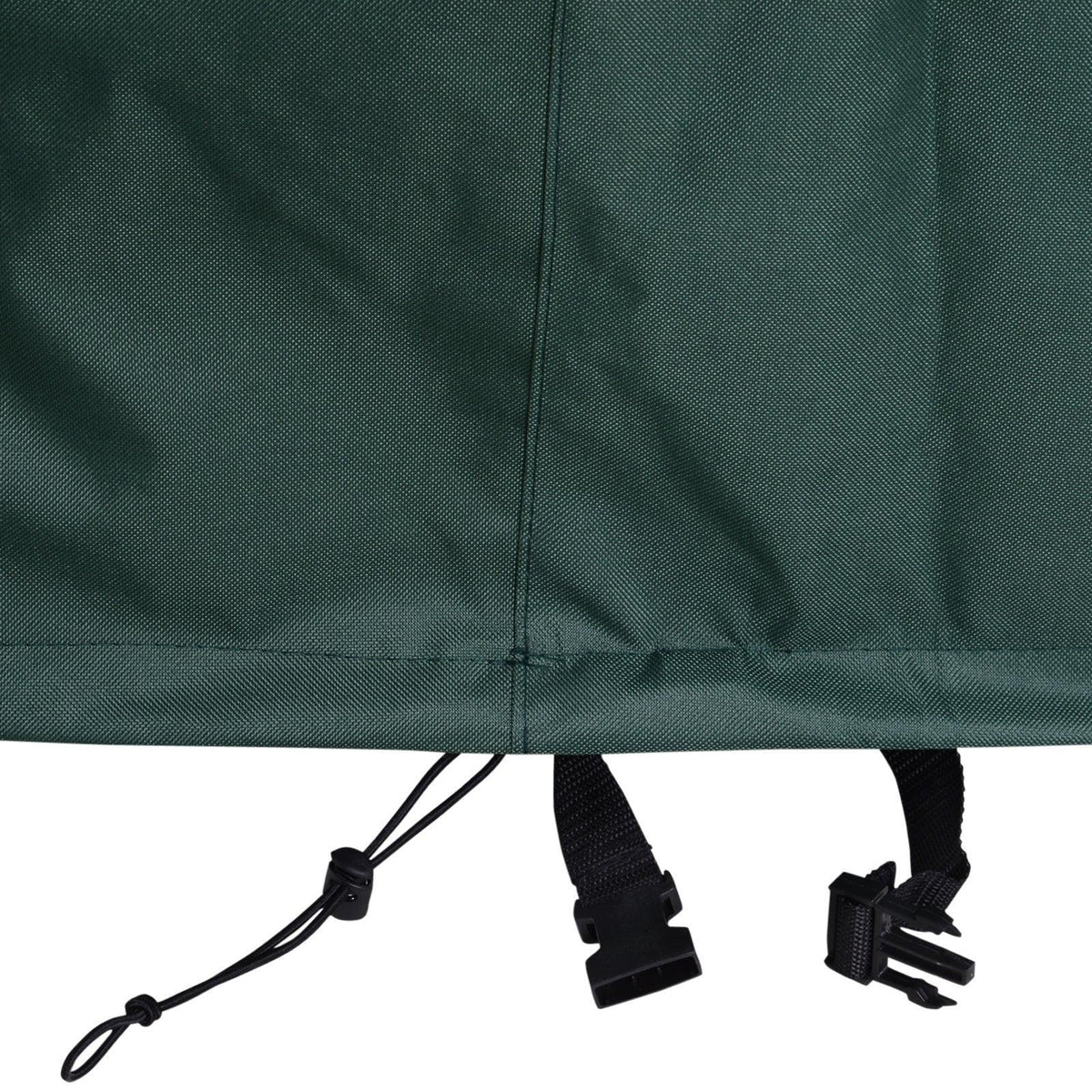 Dark green patio furniture cover with reinforced seam and adjustable strap ties