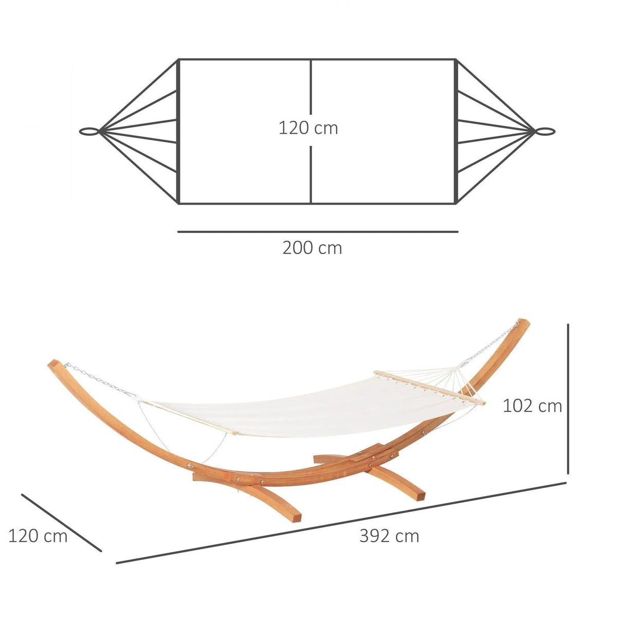 White hammock bed with arched wooden stand, size diagram with overall measurements