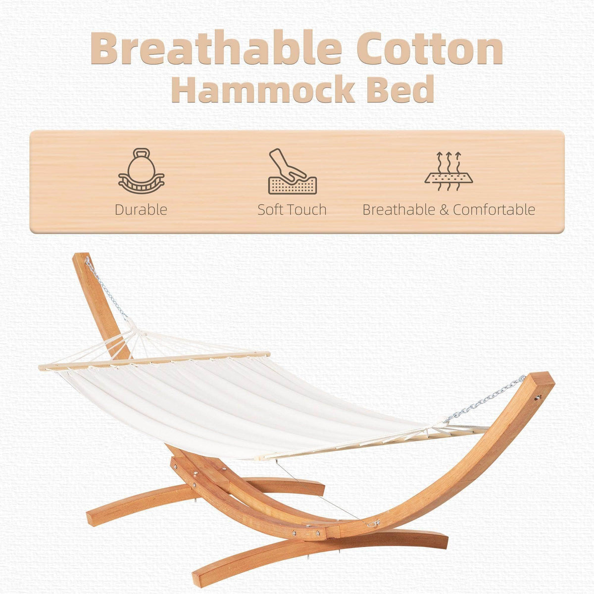 White cotton hammock bed with arched wooden stand and chain suspension