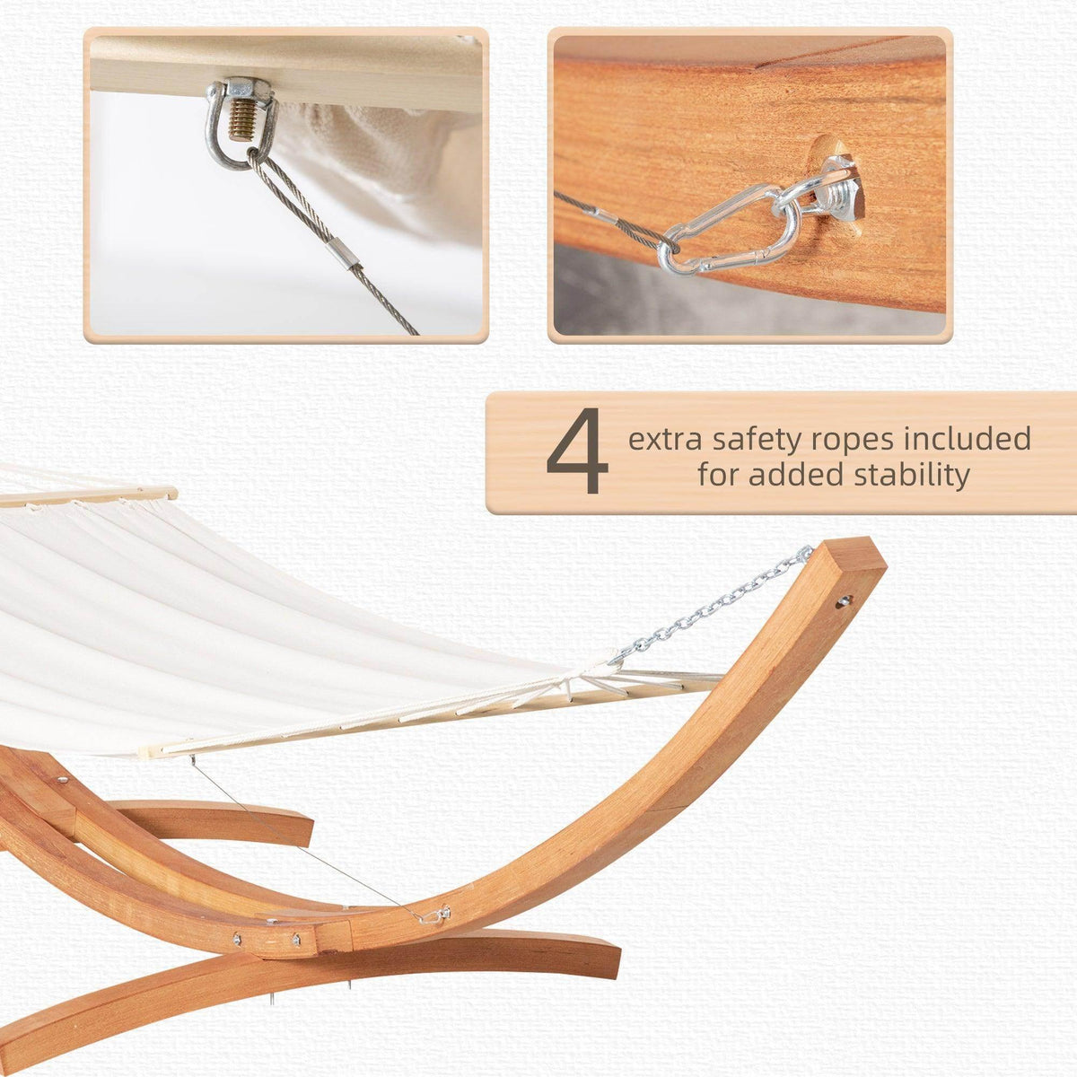 White hammock bed with stainless steel chain, safety ropes, and arched wooden base
