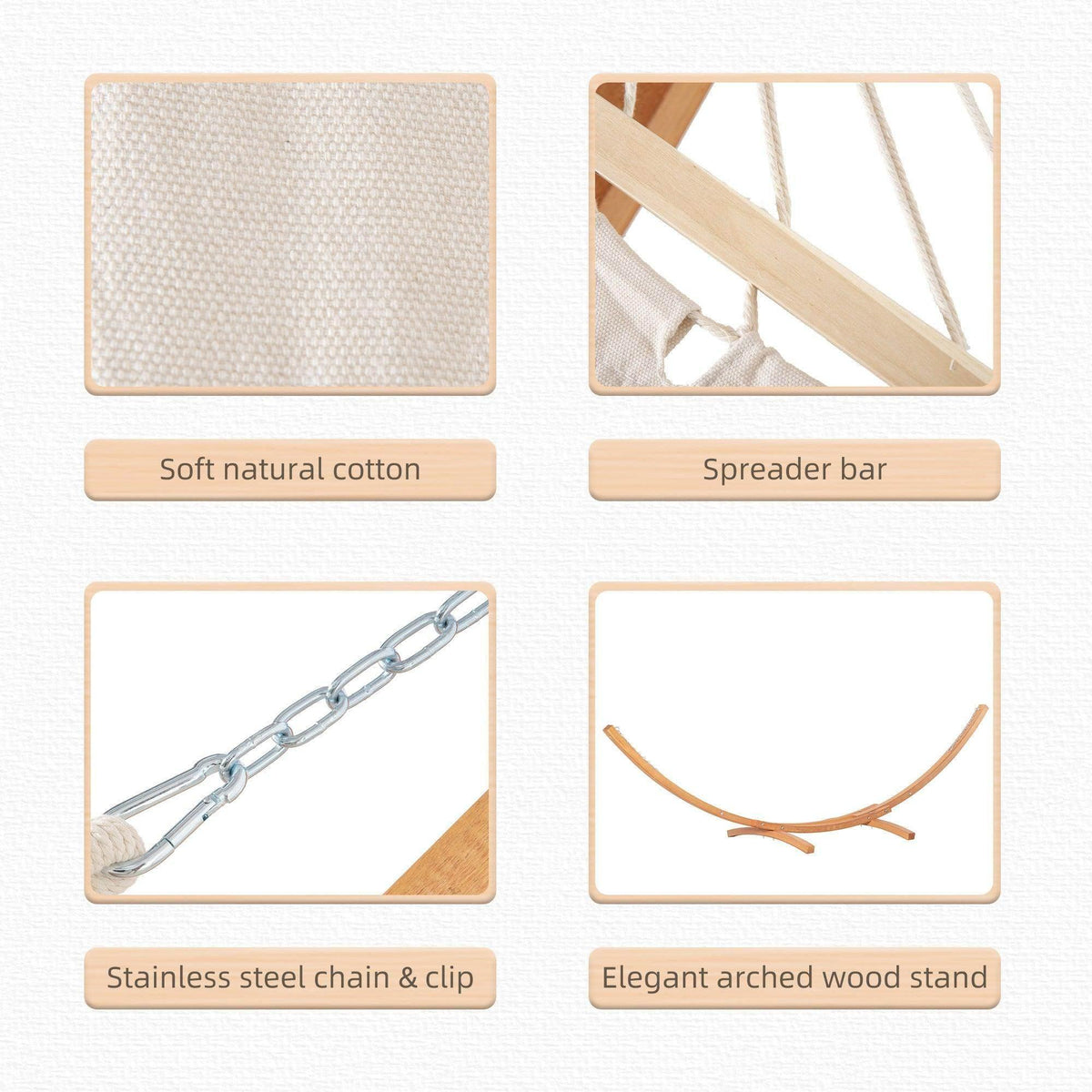 White cotton hammock bed with textured fabric and wooden spreader bar