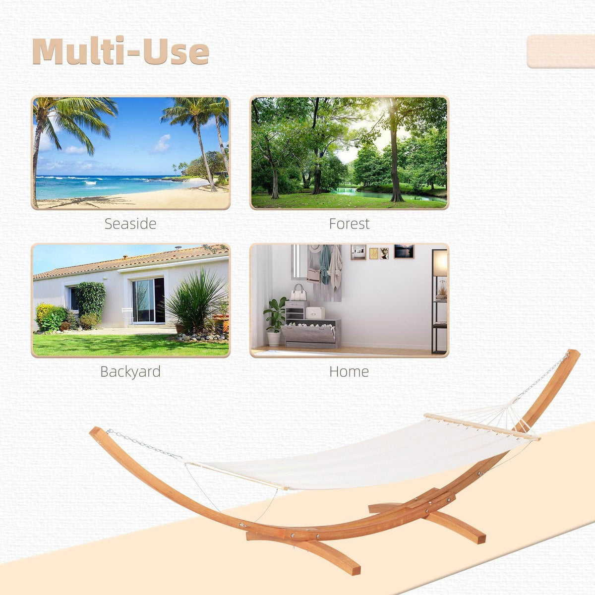 White hammock bed with arched wooden stand and chain suspension, multi-use design