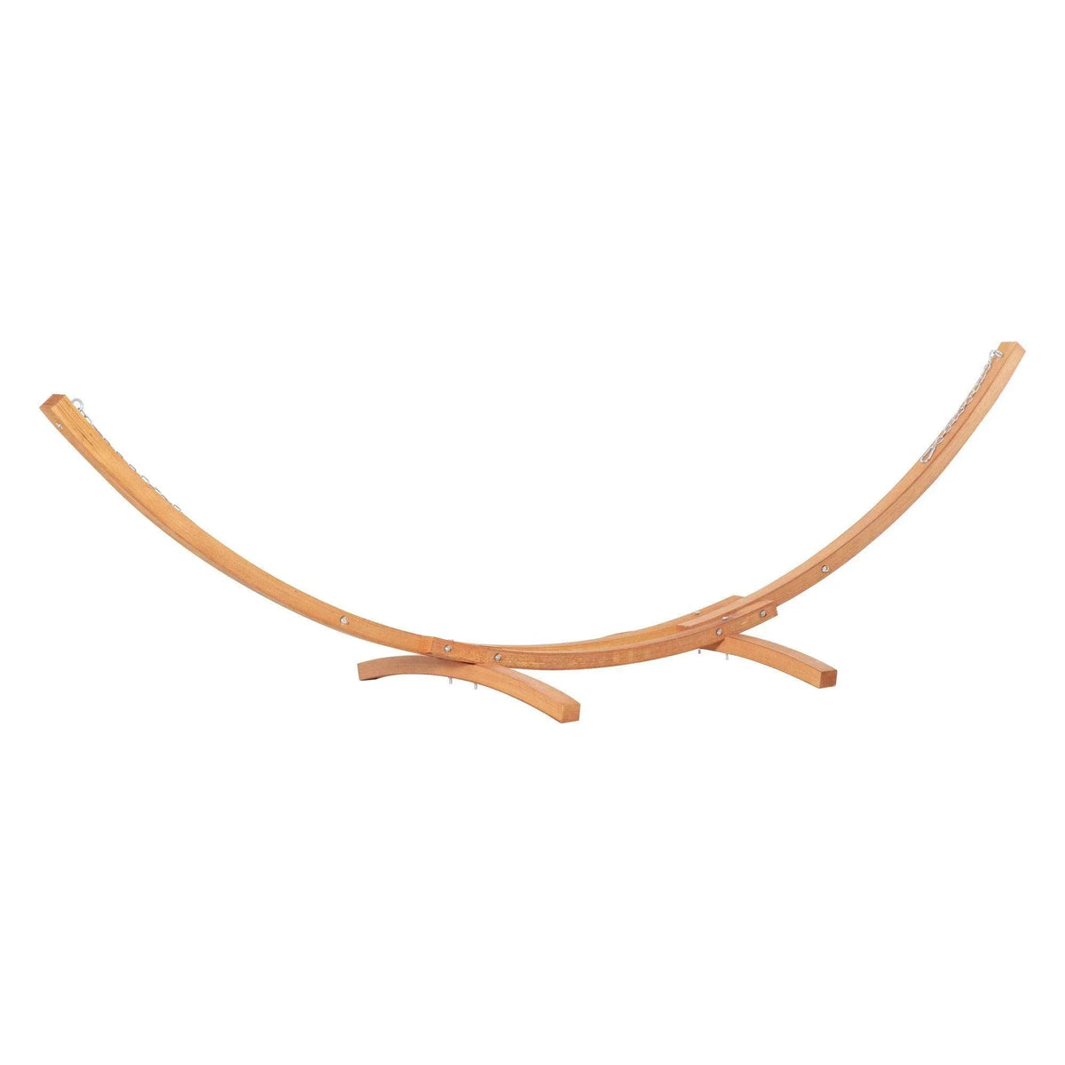 White hammock bed with arched wooden stand and curved support frame