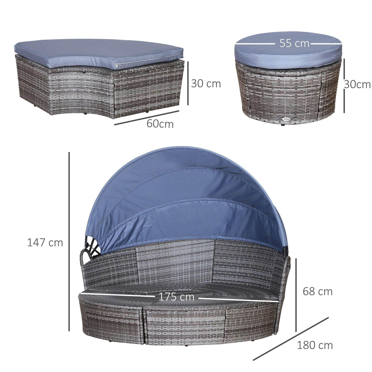 Grey round wicker sofa bed set with blue seat cushion and arched canopy, size diagram