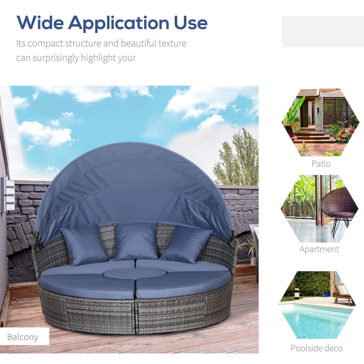 Round wicker sofa bed with blue cushion and arched canopy, shown outdoors on patio
