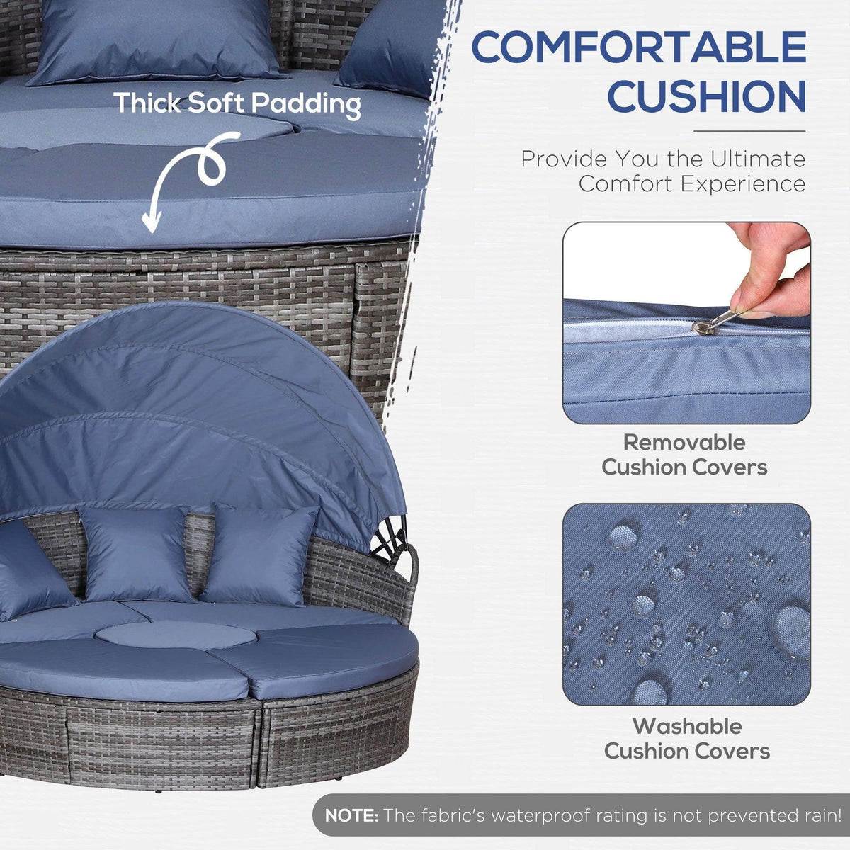 Round wicker sofa bed with thick blue padded seat and removable, washable cushion covers