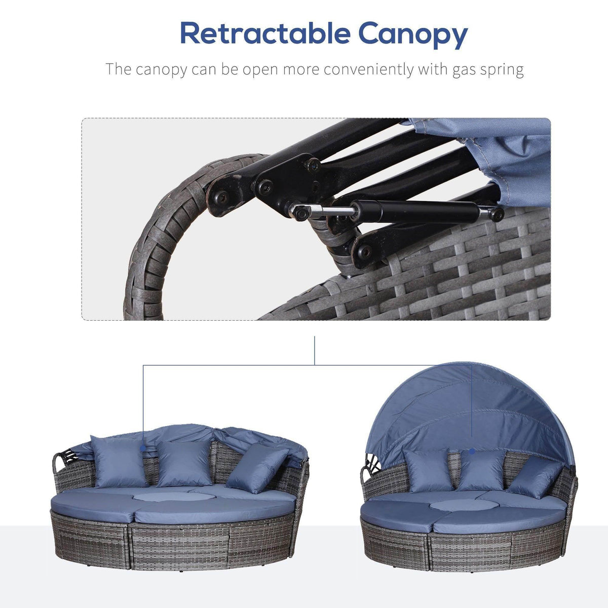 Round wicker sofa bed with retractable arched canopy and blue cushions, side view
